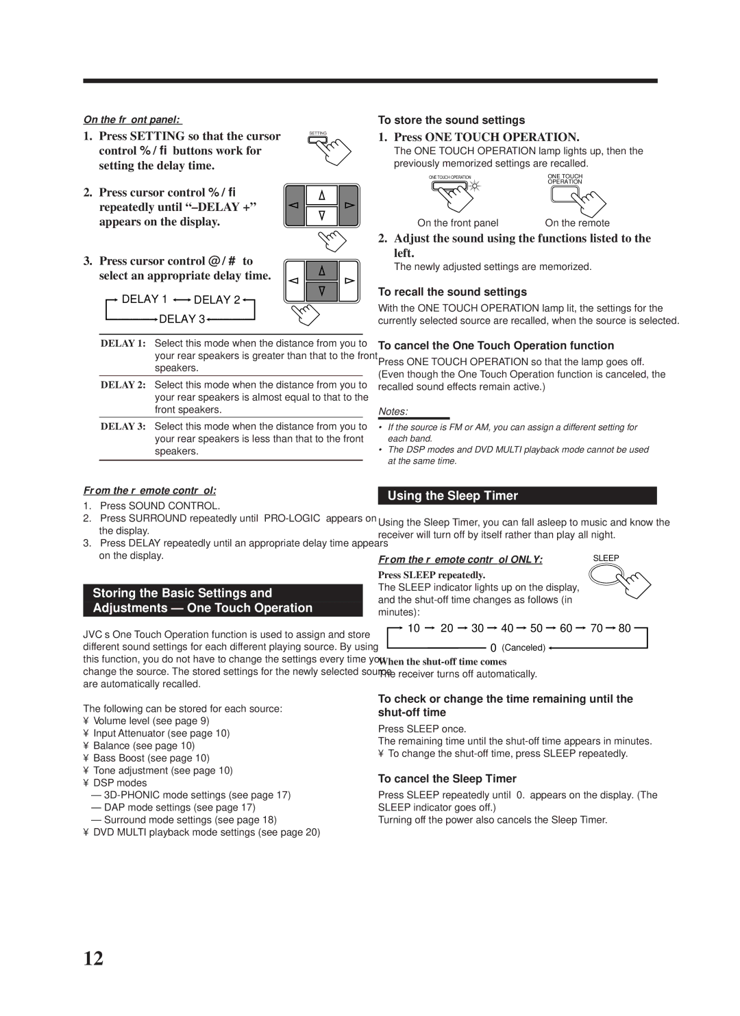 JVC RX-558VBK Storing the Basic Settings Adjustments One Touch Operation, Press ONE Touch Operation, Using the Sleep Timer 