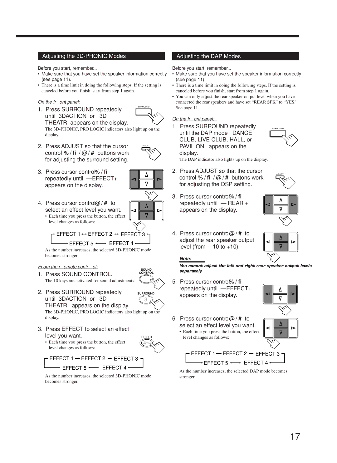 JVC RX-558VBK manual Adjusting the 3D-PHONIC Modes Adjusting the DAP Modes 