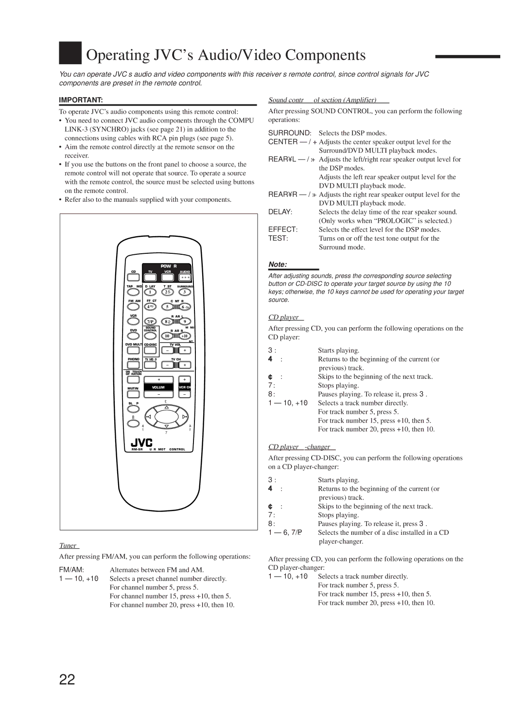 JVC RX-558VBK manual Operating JVC’s Audio/Video Components, Sound control section Amplifier, Tuner, CD player-changer 