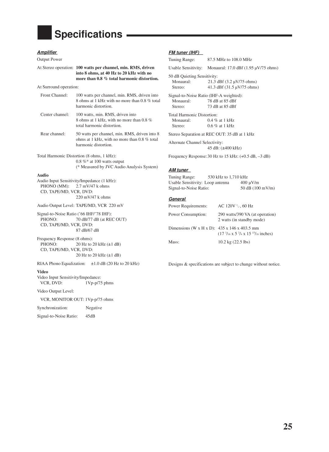 JVC RX-558VBK manual Specifications, Amplifier, FM tuner IHF, AM tuner, General 