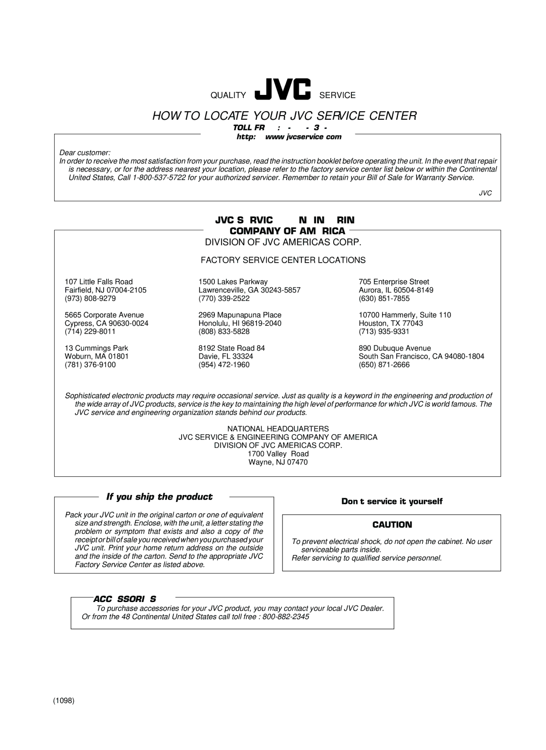 JVC RX-558VBK manual HOW to Locate Your JVC Service Center 