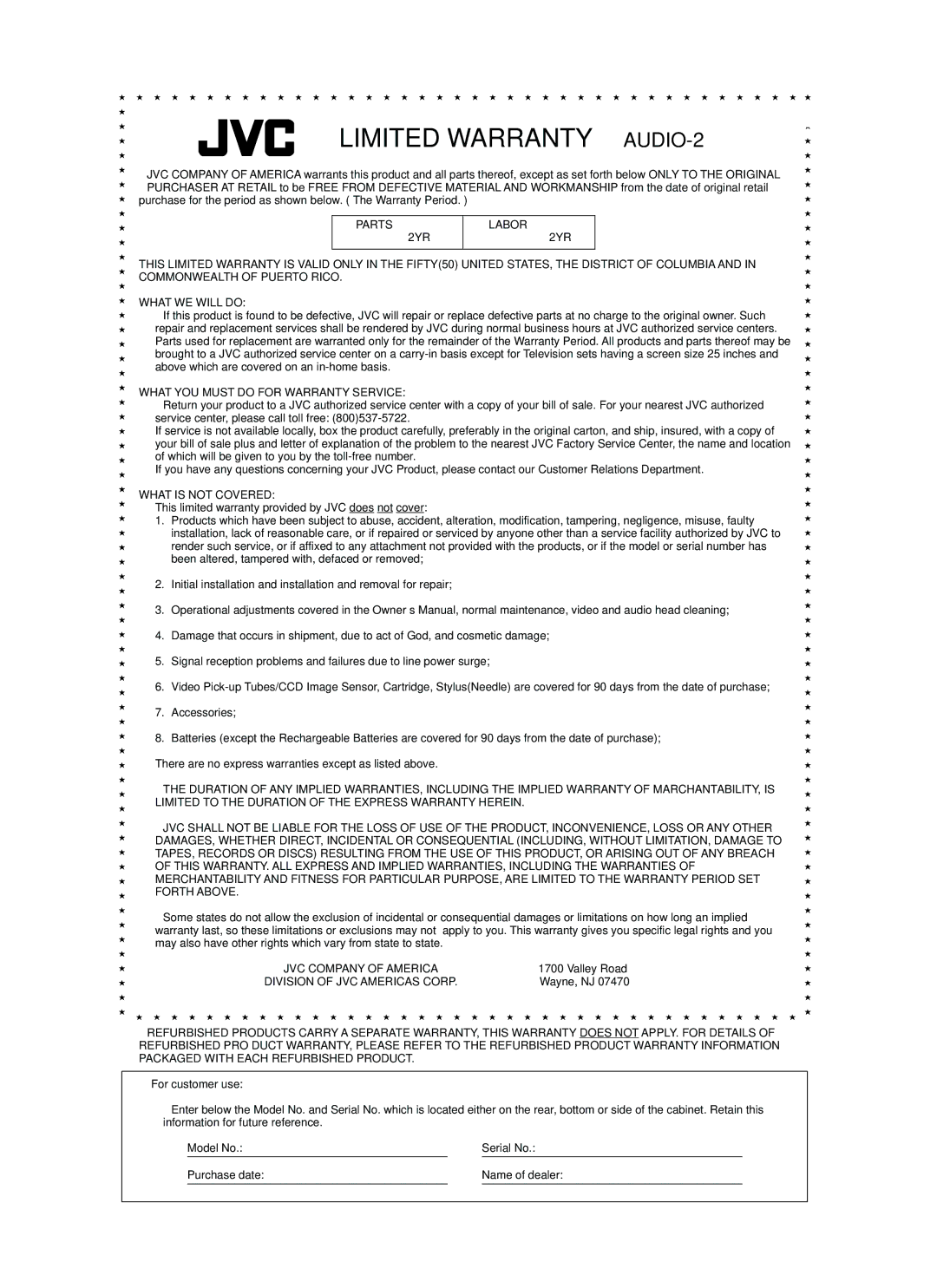 JVC RX-558VBK manual Limited Warranty AUDIO-2 