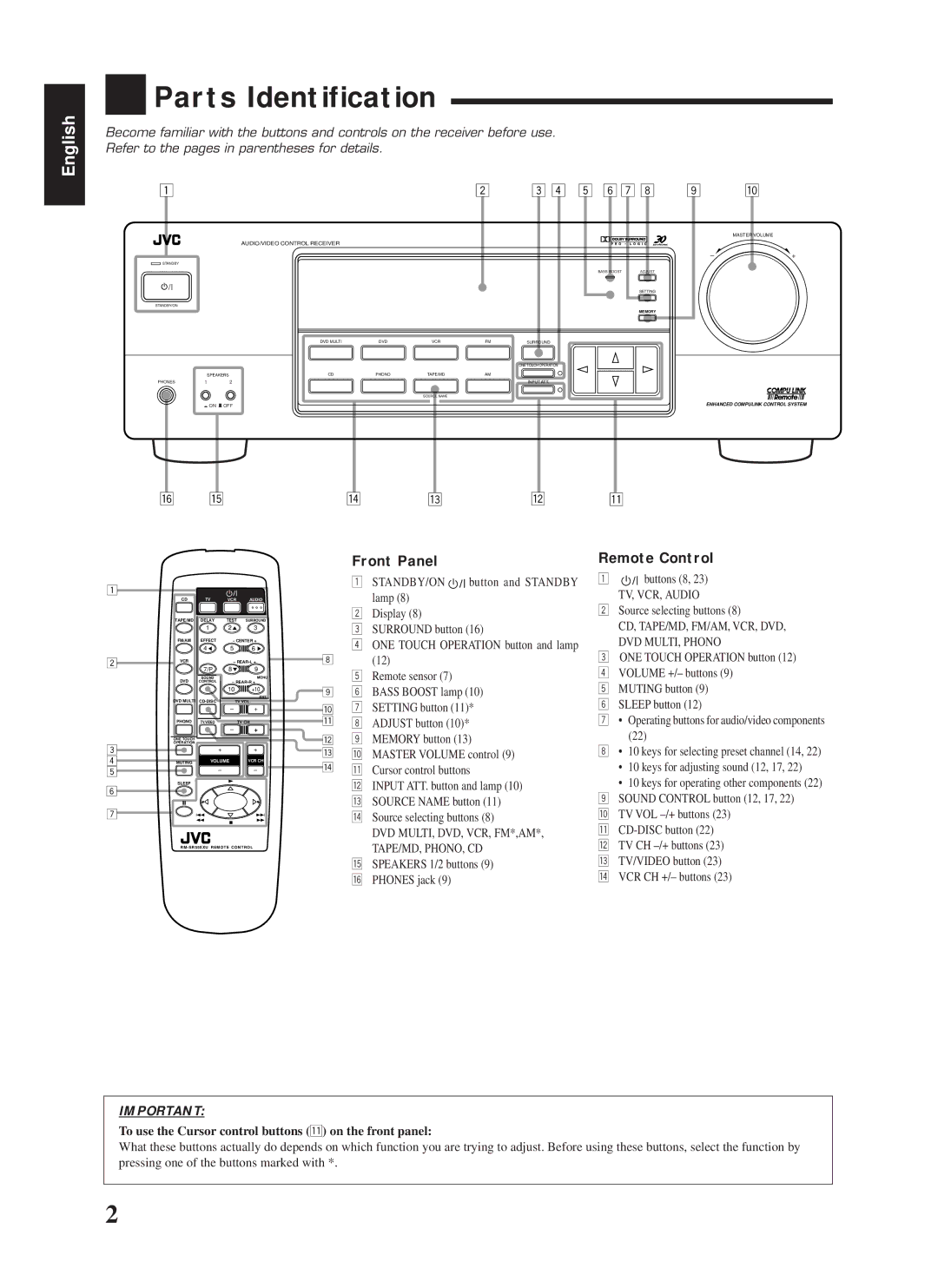 JVC RX-558VBK Parts Identification, Front Panel, Remote Control, To use the Cursor control buttons q on the front panel 