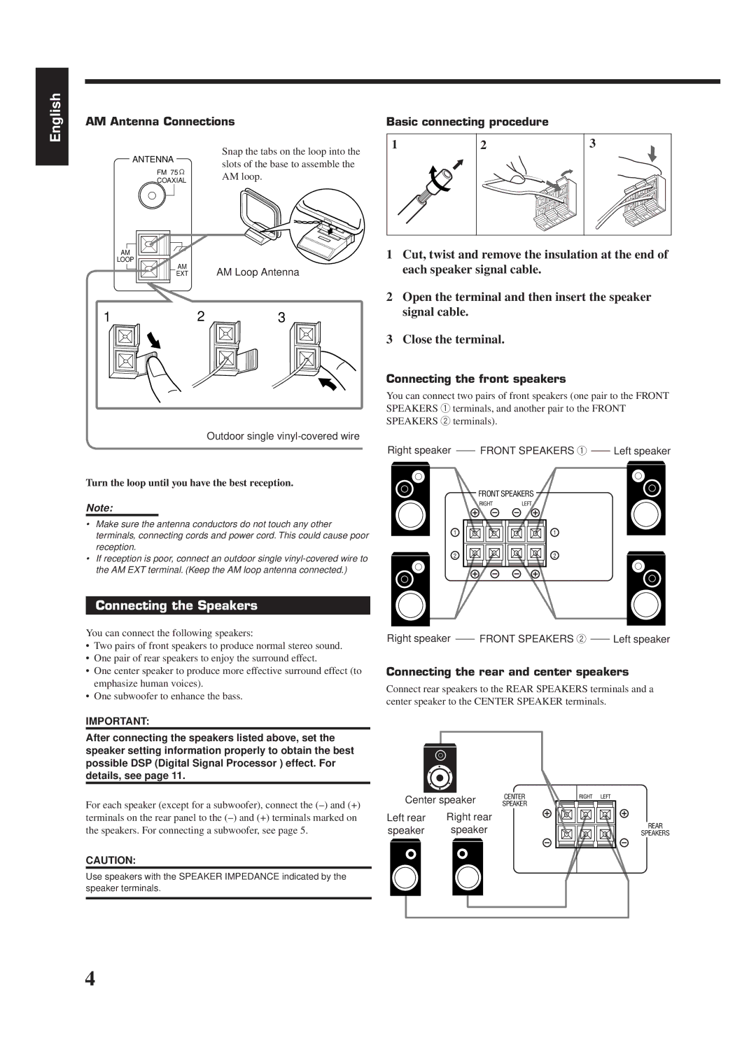 JVC RX-558VBK Connecting the Speakers, AM Antenna ConnectionsBasic connecting procedure, Connecting the front speakers 