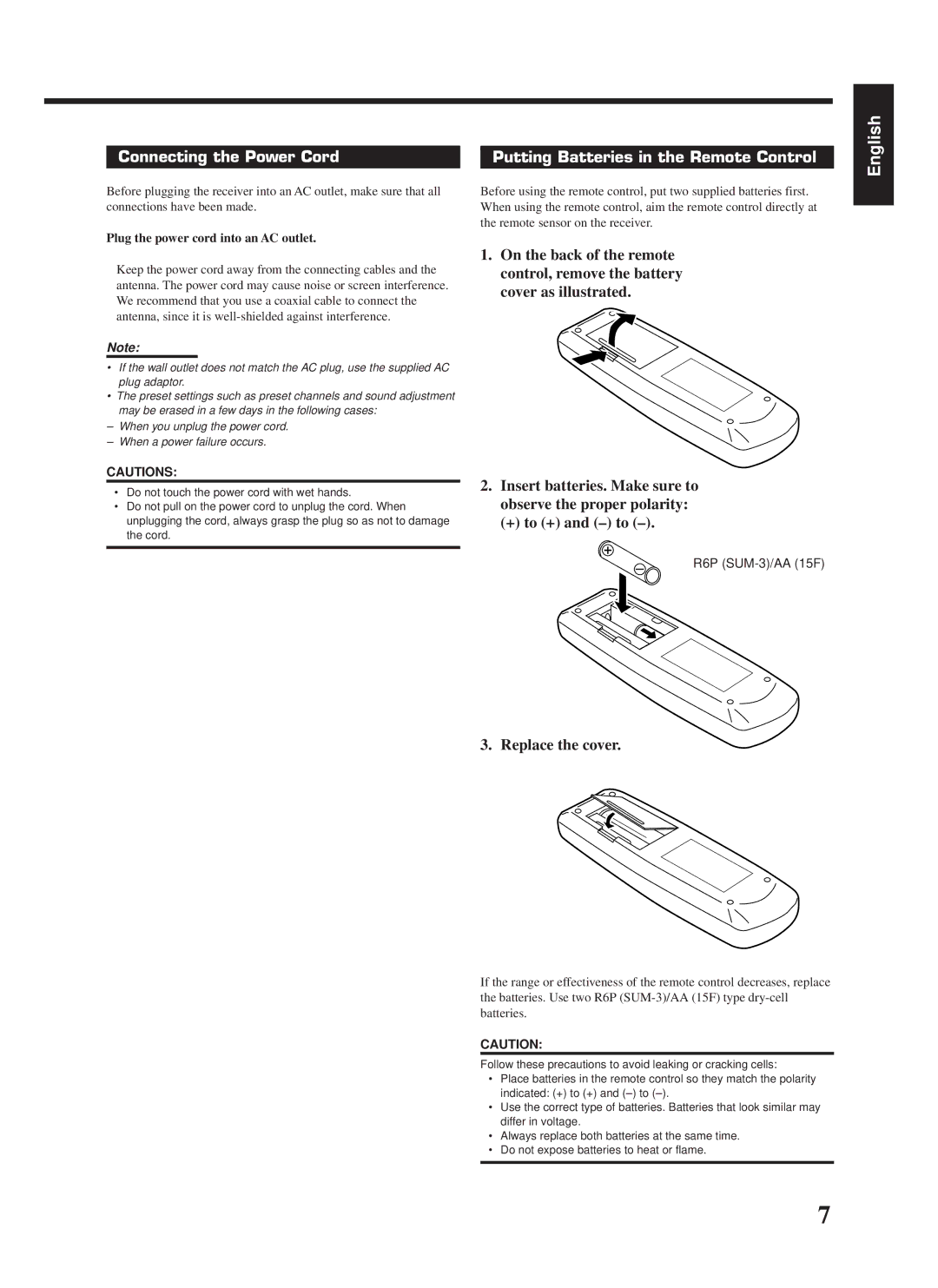 JVC RX-558VBK manual Connecting the Power Cord, Putting Batteries in the Remote Control, + to + and to, Replace the cover 