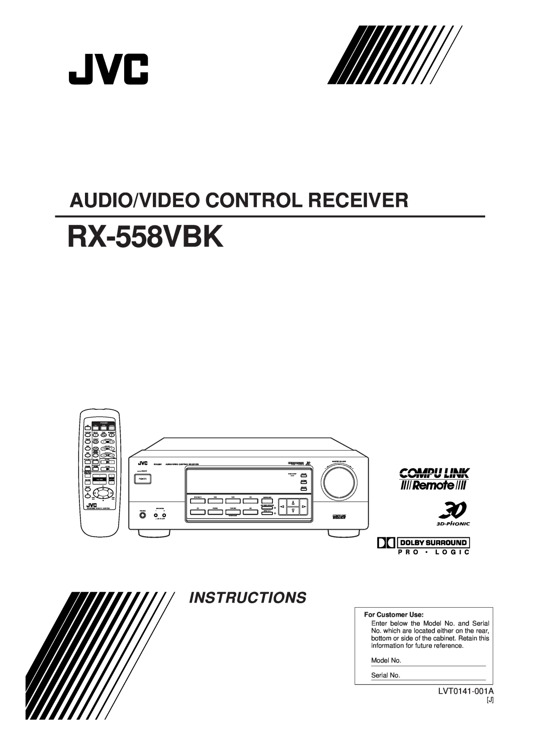 JVC RX-558VBK manual Audio/Video Control Receiver, Instructions, For Customer Use, Model No Serial No, Power, Vcr Audio 