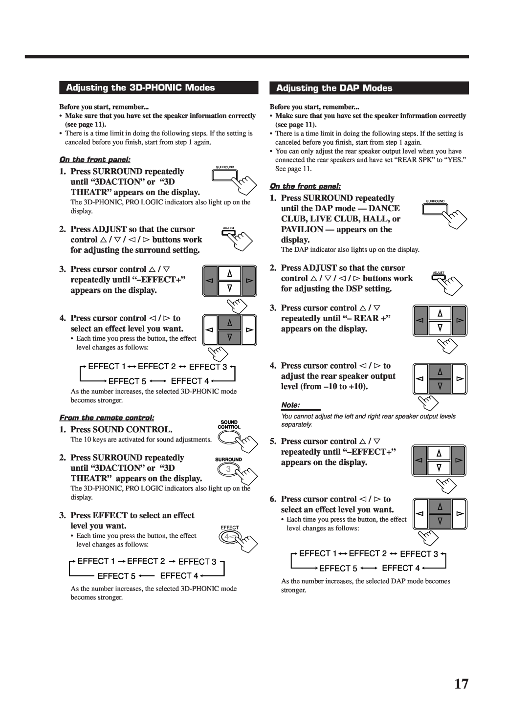 JVC RX-558VBK manual Adjusting the 3D-PHONIC Modes, Adjusting the DAP Modes 