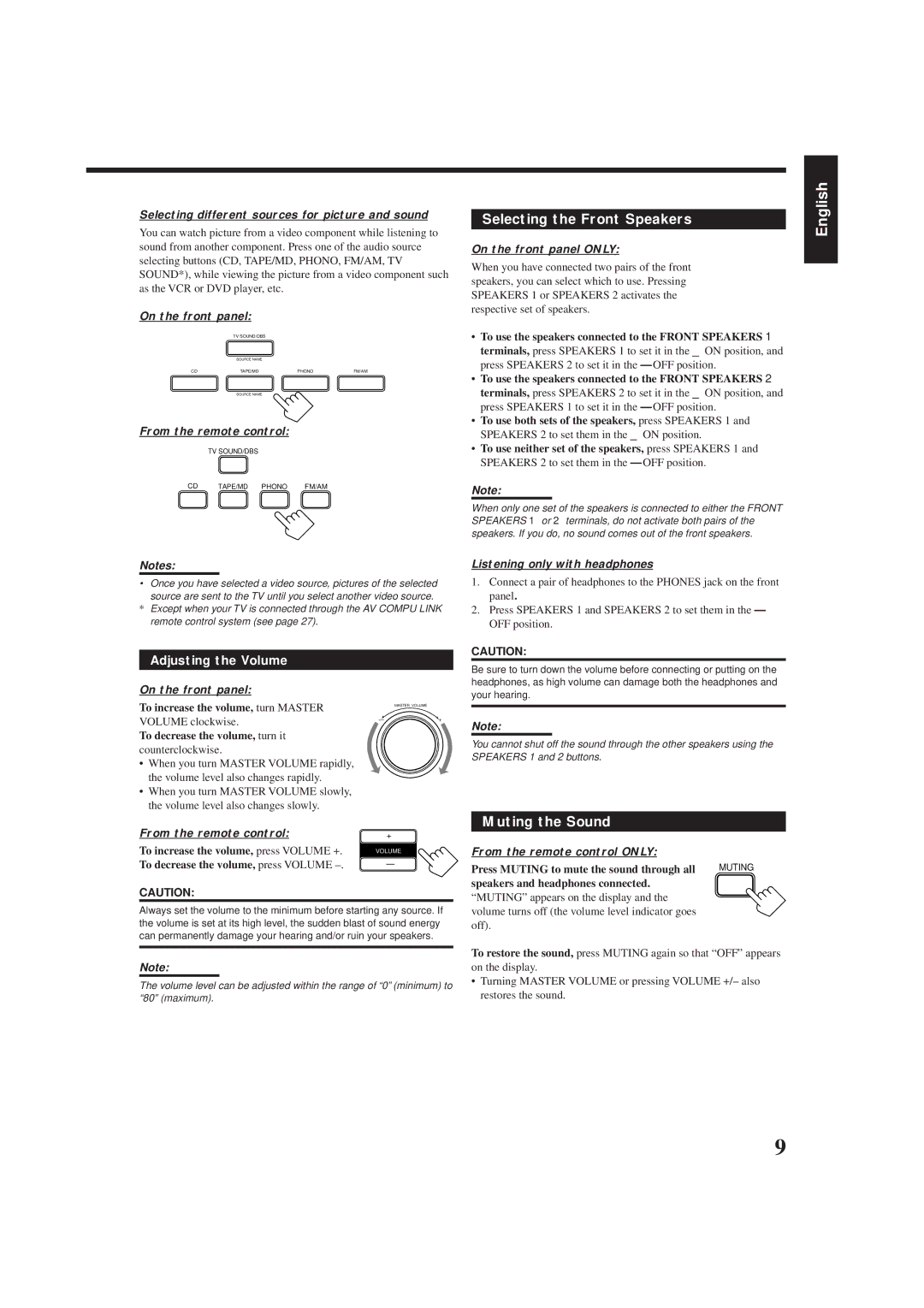 JVC RX-6008VBK, RX-6000VBK manual Selecting the Front Speakers, Muting the Sound 