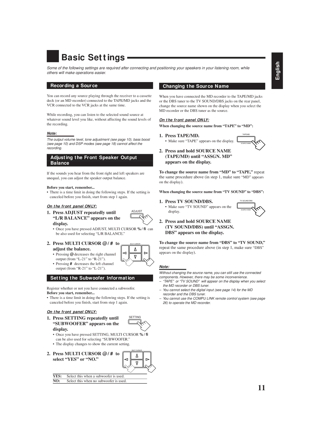 JVC RX-6008VBK Basic Settings, Recording a Source Changing the Source Name, Adjusting the Front Speaker Output Balance 