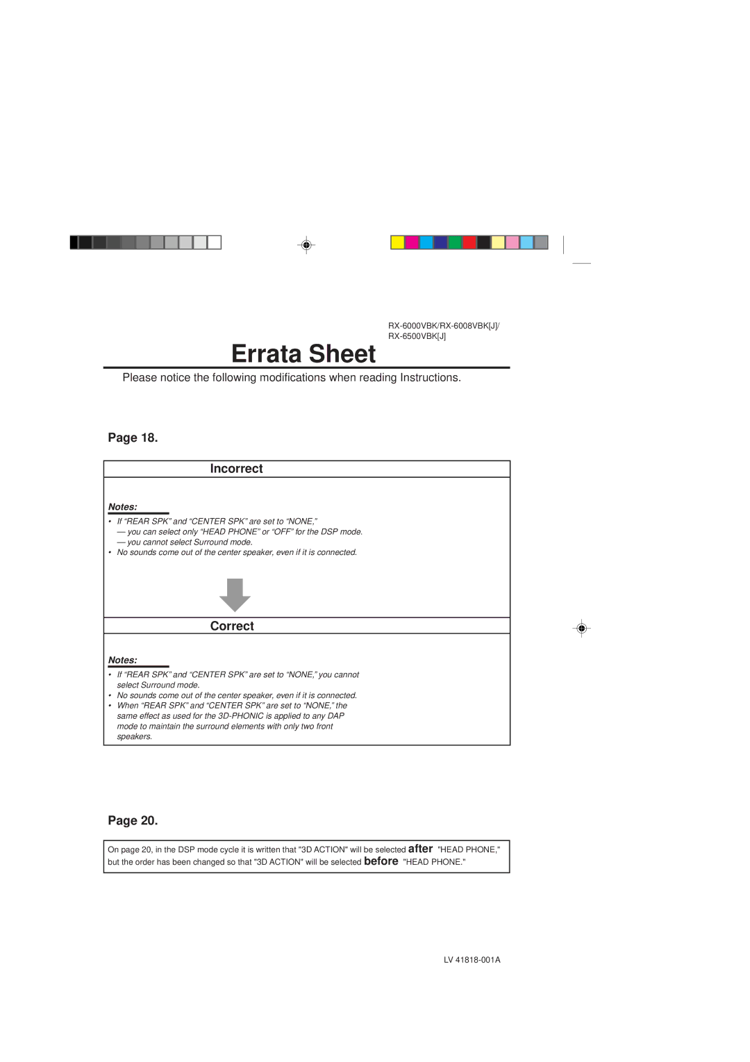 JVC RX-6008VBK, RX-6000VBK manual Errata Sheet 