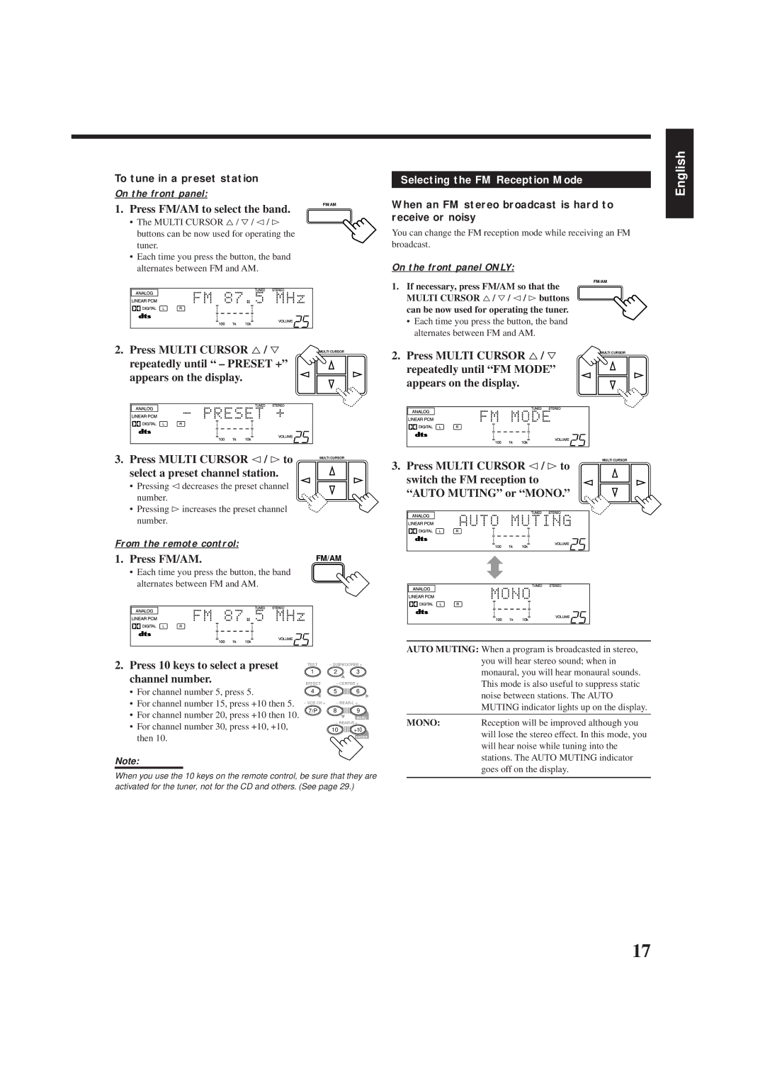 JVC RX-6008VBK, RX-6000VBK Select a preset channel station, Press FM/AM, Press 10 keys to select a preset, Channel number 