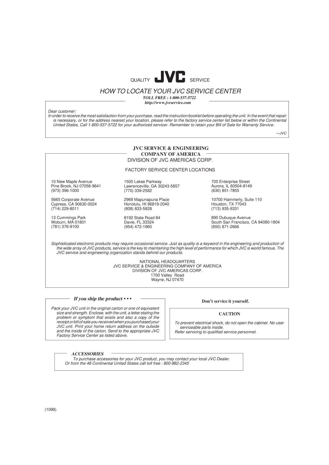 JVC RX-6000VBK, RX-6008VBK manual 781 954 650, Valley Road Wayne, NJ, 1099 