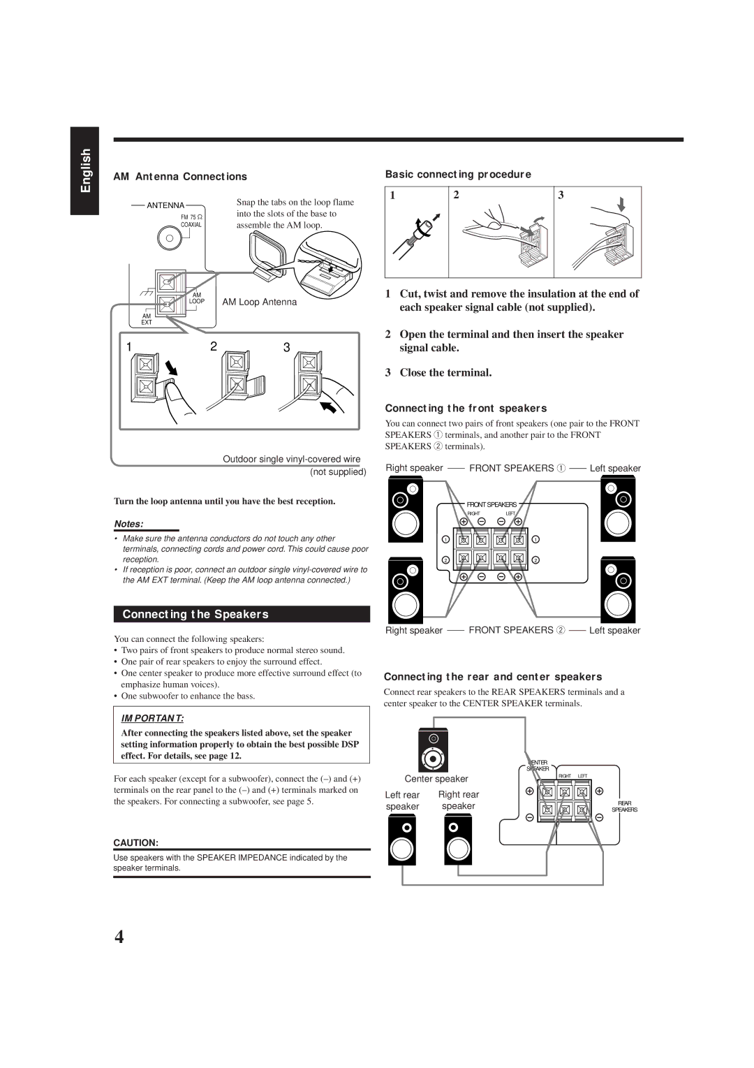 JVC RX-6000VBK Connecting the Speakers, AM Antenna Connections, Basic connecting procedure, Connecting the front speakers 