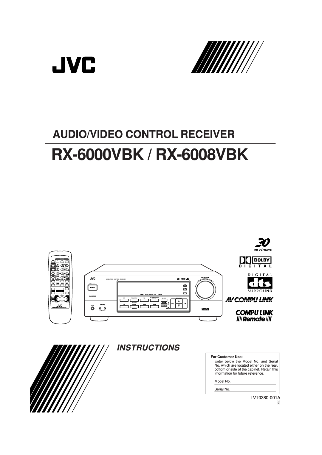 JVC manual Audio/Video Control Receiver, RX-6000VBK / RX-6008VBK, Instructions, LVT0380-001A, D I G I T A L, Power 