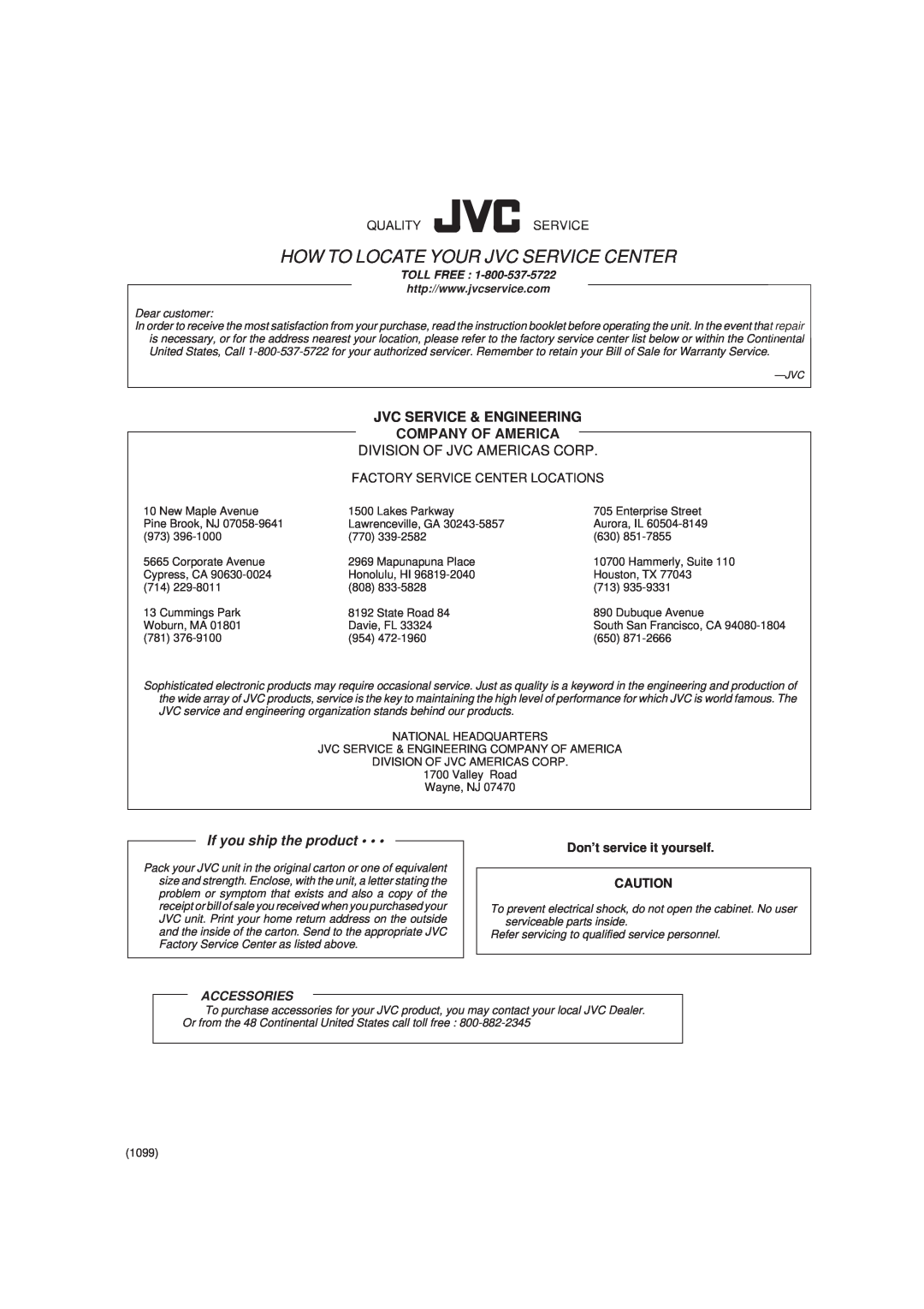JVC RX-6000VBK Division Of Jvc Americas Corp, How To Locate Your Jvc Service Center, If you ship the product, Accessories 