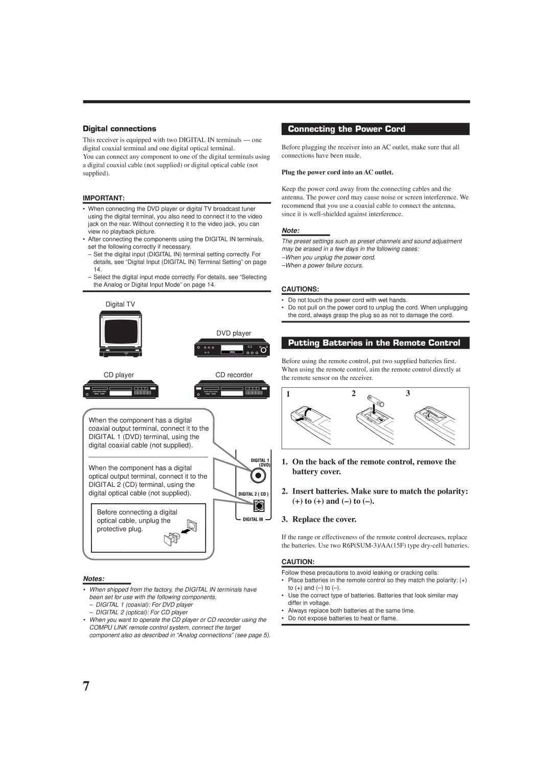 JVC RX-6010RBK, RX-6012RSL manual Connecting the Power Cord, Putting Batteries in the Remote Control, Digital connections 