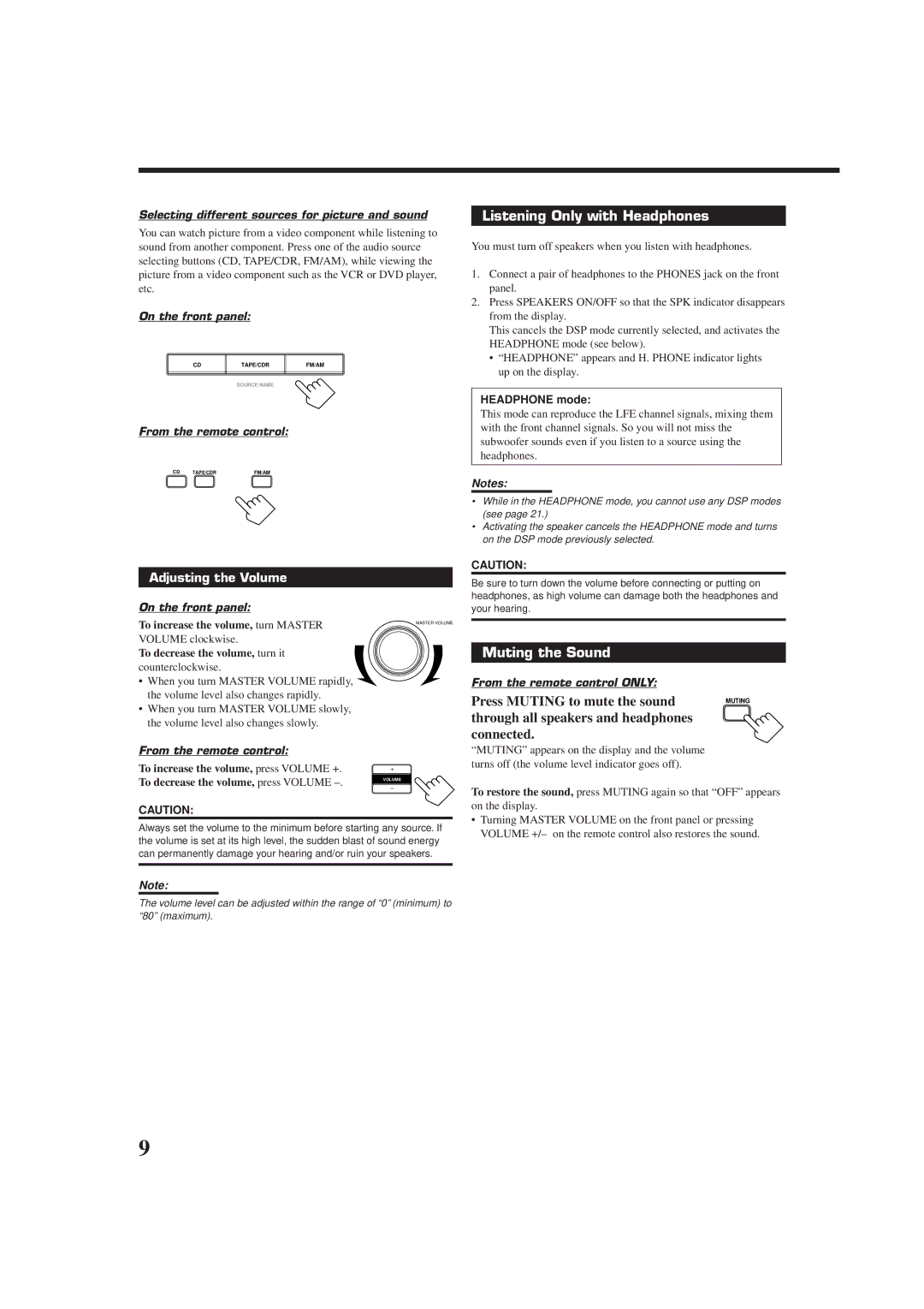 JVC RX-6010RBK, RX-6012RSL manual Listening Only with Headphones, Muting the Sound, Press Muting to mute the sound 