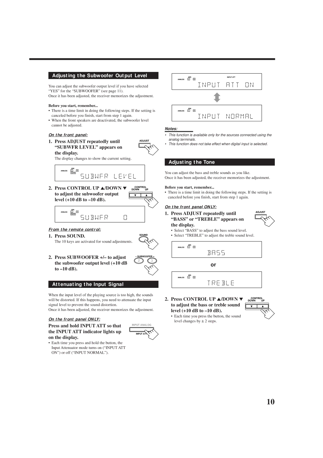 JVC RX-6012RSL manual Adjusting the Subwoofer Output Level, Adjusting the Tone, Attenuating the Input Signal 