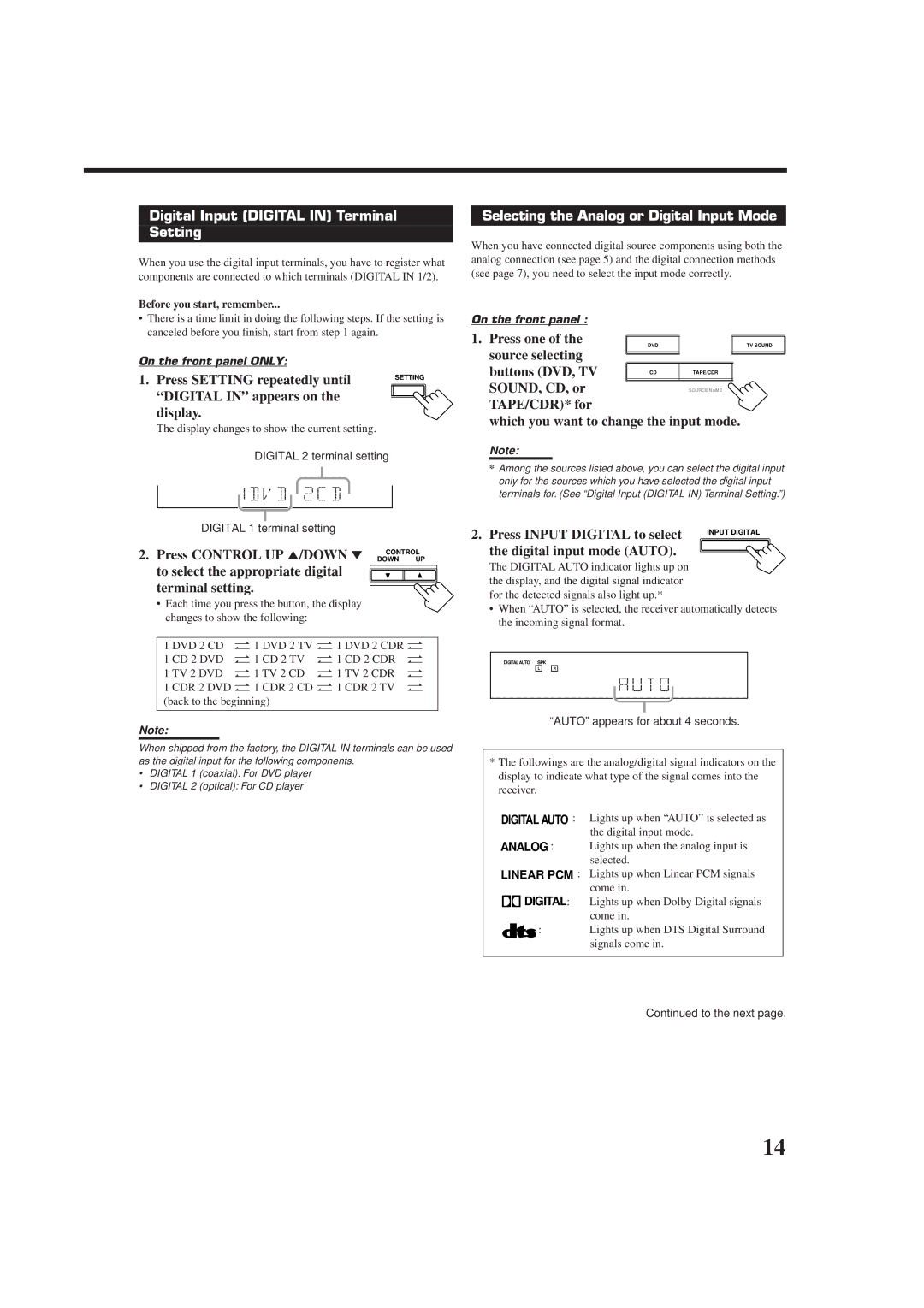 JVC RX-6012RSL manual Digital Input Digital in Terminal Setting, Selecting the Analog or Digital Input Mode 