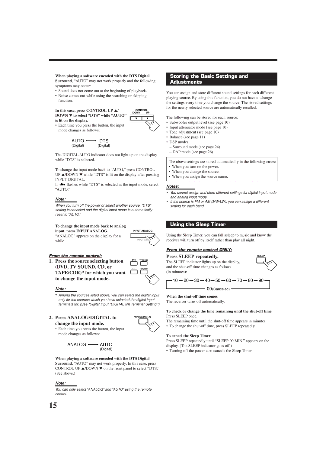 JVC RX-6010RBK, RX-6012RSL manual Storing the Basic Settings Adjustments, Using the Sleep Timer, Press Sleep repeatedly 