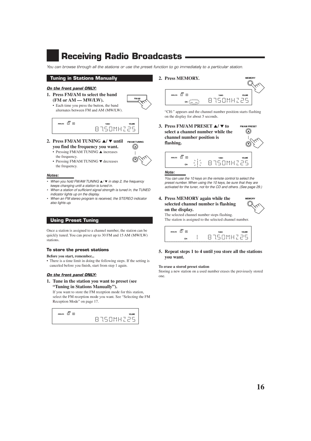 JVC RX-6010RBK, RX-6012RSL manual Receiving Radio Broadcasts, Tuning in Stations Manually, Using Preset Tuning 