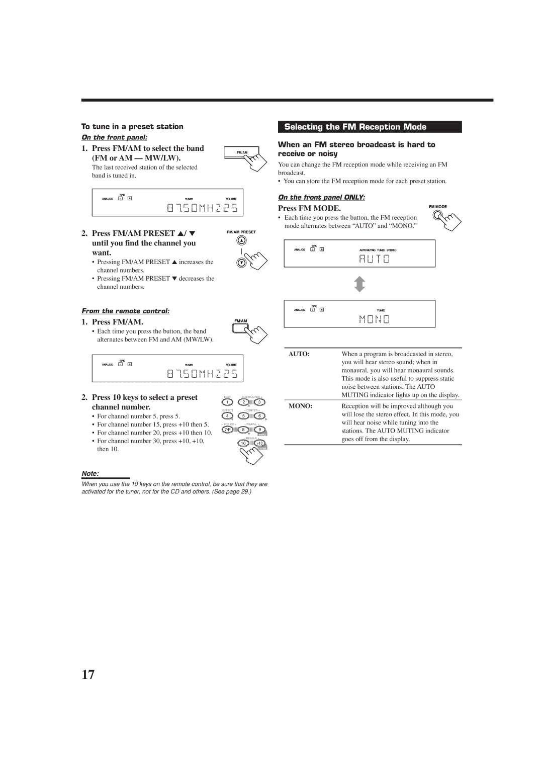 JVC RX-6010RBK, RX-6012RSL manual Selecting the FM Reception Mode 