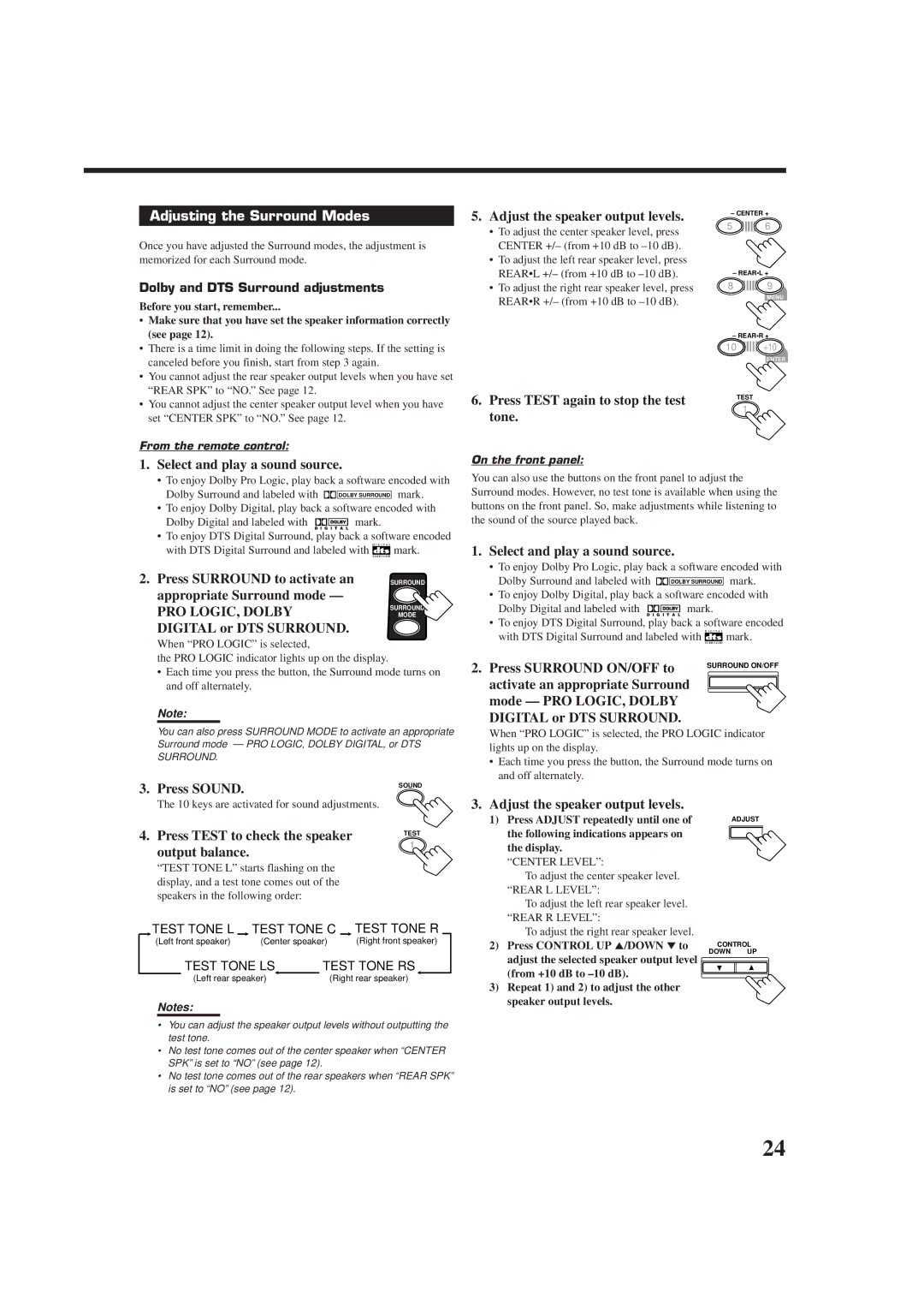 JVC RX-6010RBK, RX-6012RSL manual Adjusting the Surround Modes 