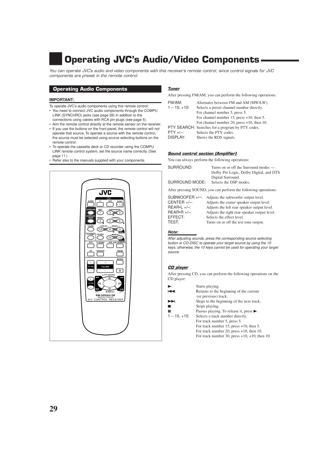 JVC RX-6010RBK, RX-6012RSL manual Operating JVC’s Audio/Video Components, Operating Audio Components, Tuner, CD player 