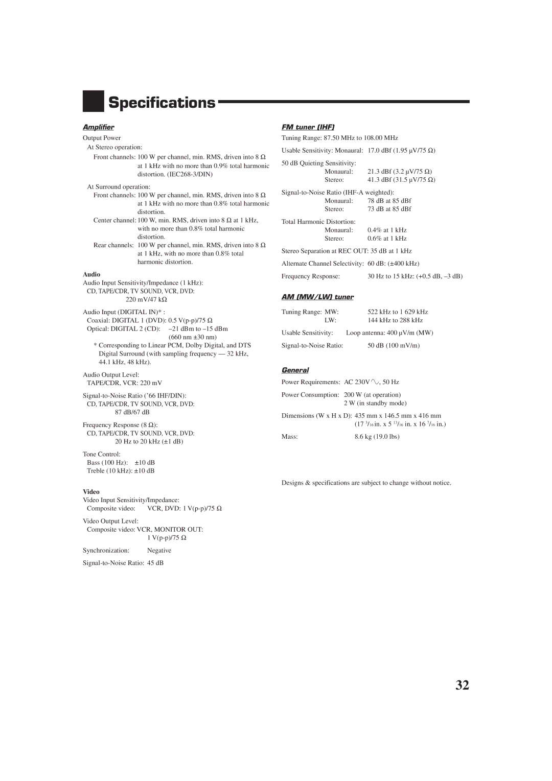 JVC RX-6010RBK, RX-6012RSL manual Specifications, Amplifier, FM tuner IHF, AM MW/LW tuner, General 