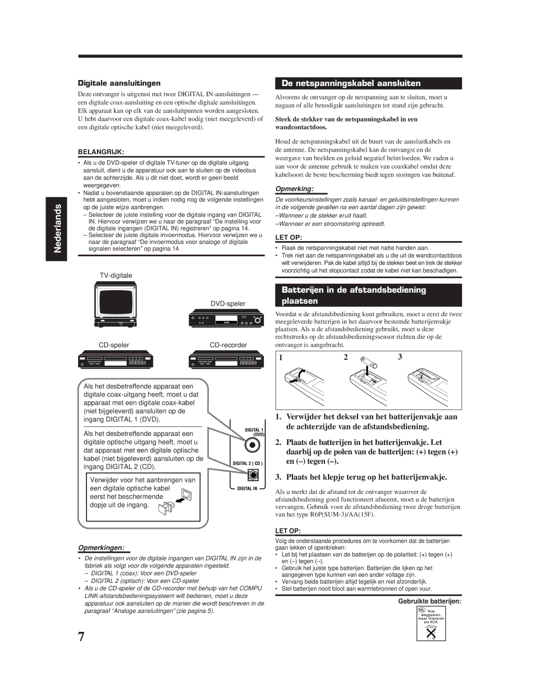 JVC RX-6010RBK manual De netspanningskabel aansluiten, Batterijen in de afstandsbediening Plaatsen, Digitale aansluitingen 