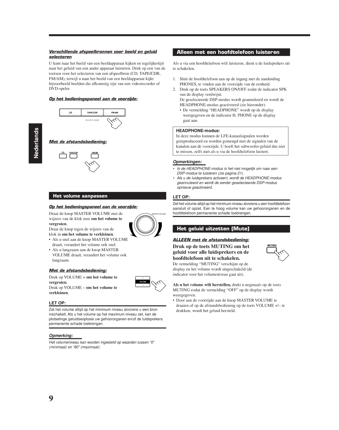 JVC RX-6010RBK manual Alleen met een hoofdtelefoon luisteren, Het geluid uitzetten Mute, Druk op de toets Muting om het 