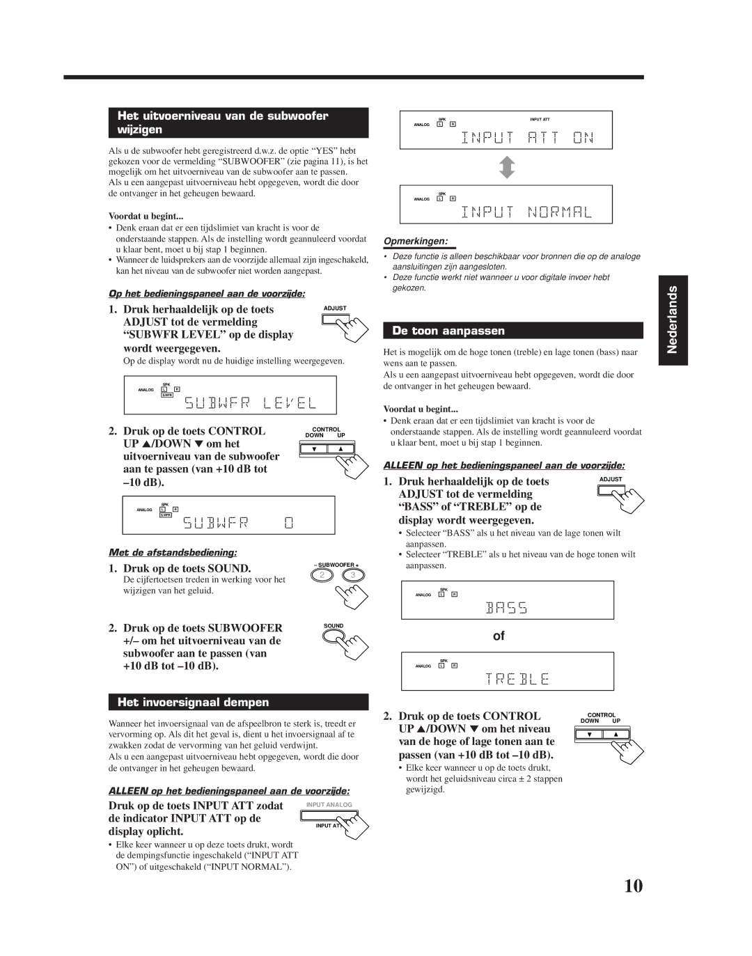 JVC RX-6010RBK manual Het uitvoerniveau van de subwoofer Wijzigen, De toon aanpassen, Het invoersignaal dempen 