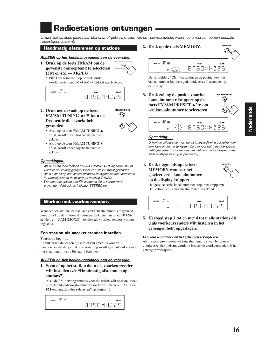 JVC RX-6010RBK manual Radiostations ontvangen, Handmatig afstemmen op stations, Werken met voorkeurzenders 