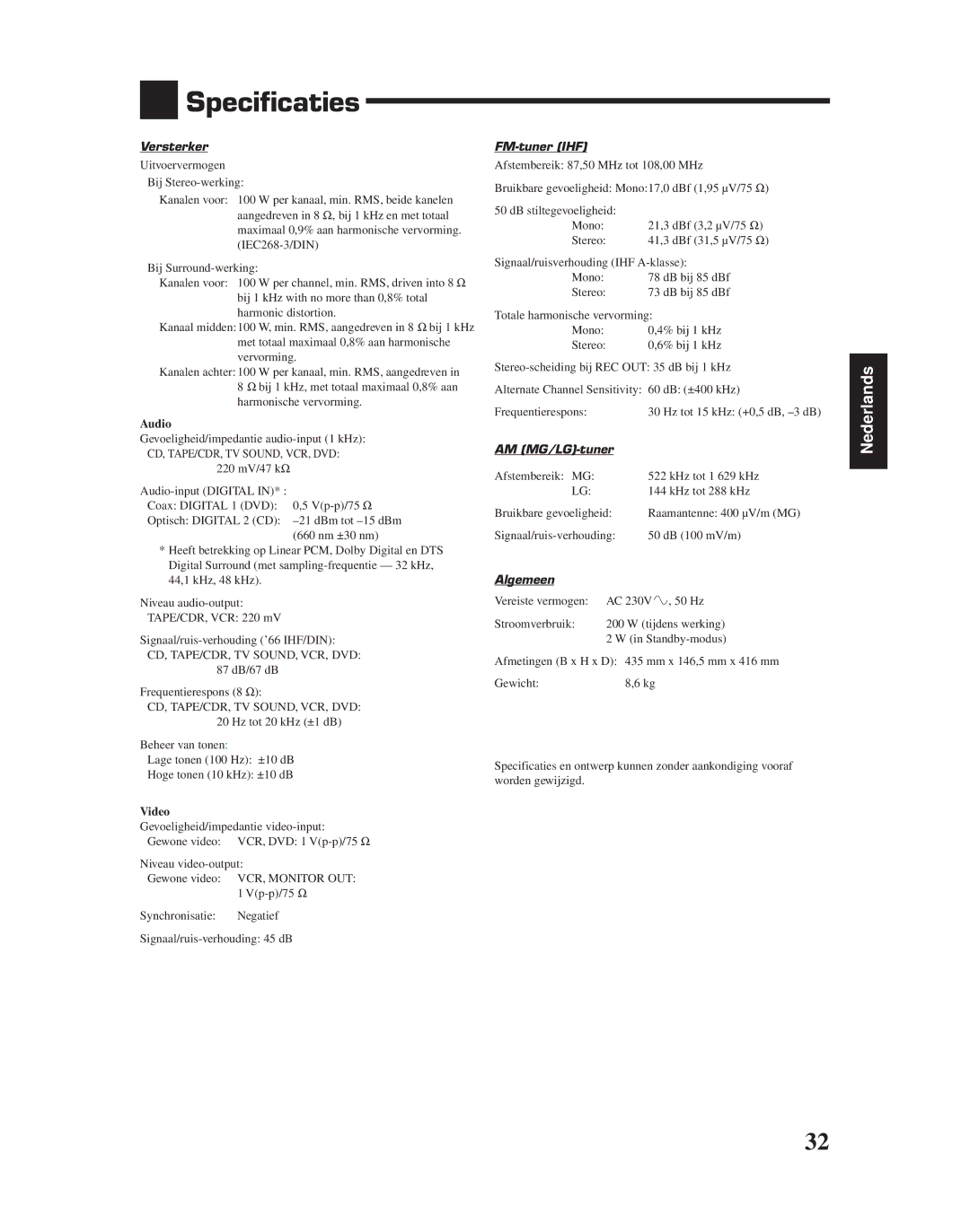 JVC RX-6010RBK manual Specificaties, Versterker, FM-tuner IHF, AM MG/LG-tuner, Algemeen 