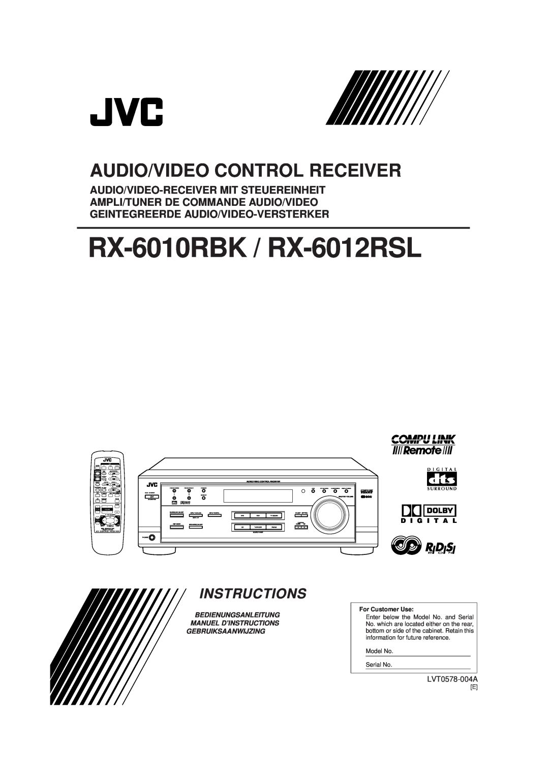 JVC manual RX-6010RBK / RX-6012RSL, Audio/Video Control Receiver, Instructions, Audio/Video-Receivermit Steuereinheit 