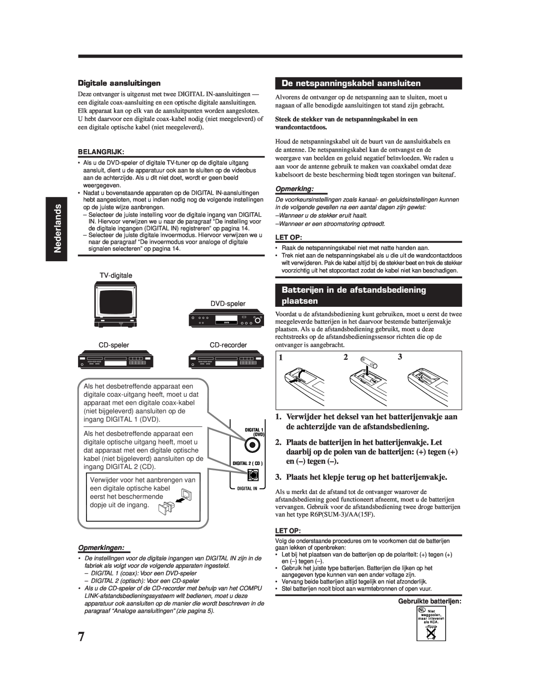 JVC RX-6010RBK manual De netspanningskabel aansluiten, Batterijen in de afstandsbediening plaatsen, Nederlands, Opmerking 