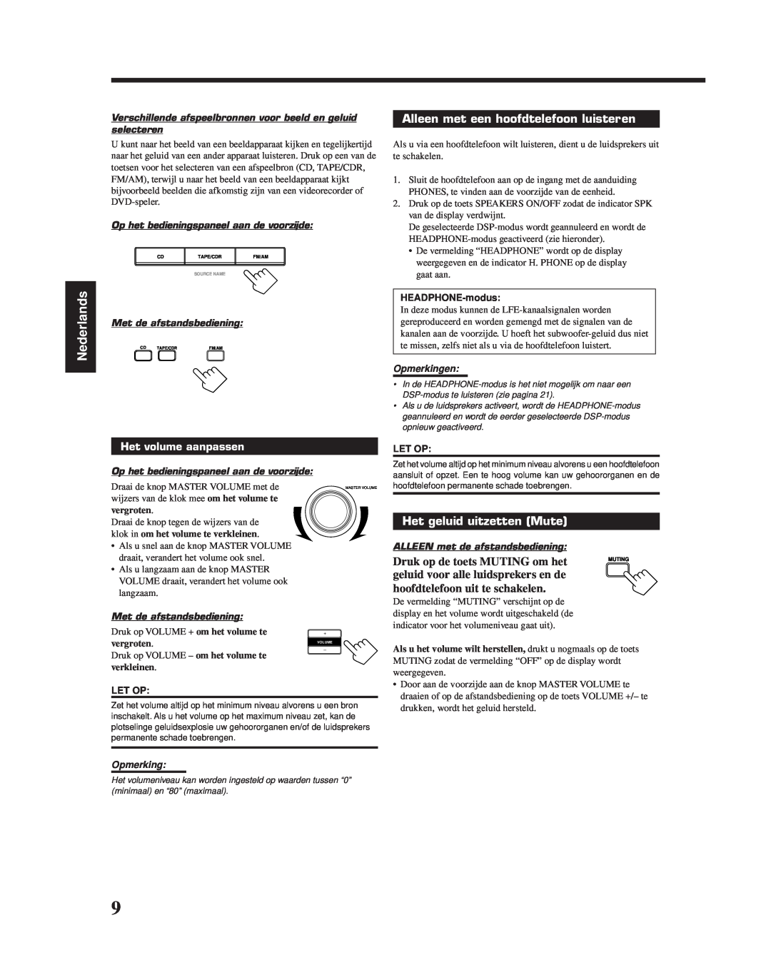JVC RX-6010RBK manual Alleen met een hoofdtelefoon luisteren, Het geluid uitzetten Mute, Nederlands, Het volume aanpassen 