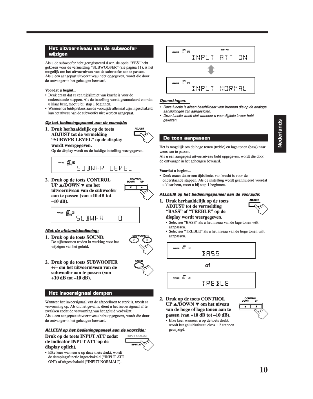 JVC RX-6010RBK manual Het uitvoerniveau van de subwoofer wijzigen, De toon aanpassen, Het invoersignaal dempen, Nederlands 