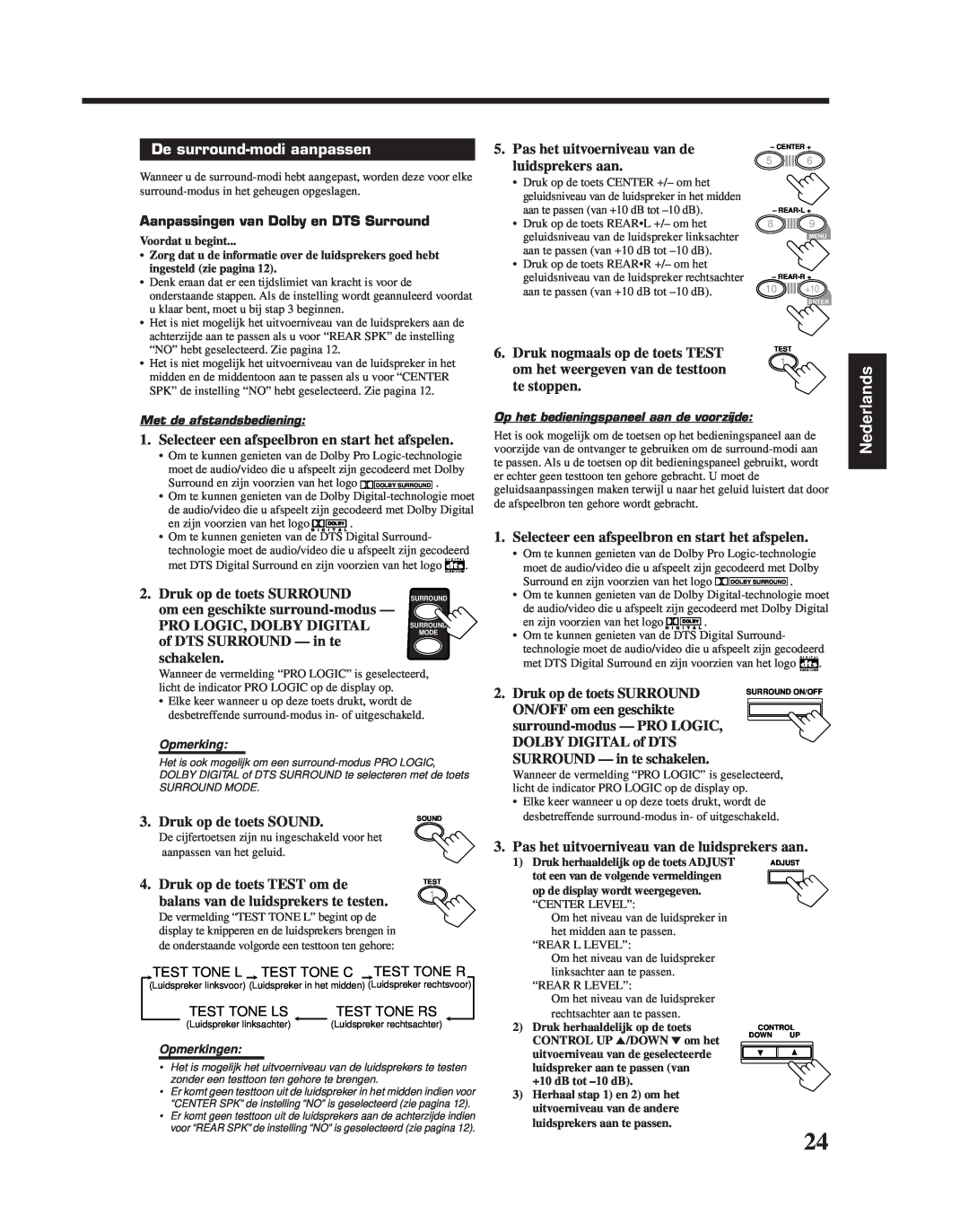 JVC RX-6010RBK manual De surround-modiaanpassen, Nederlands, Pas het uitvoerniveau van de luidsprekers aan 