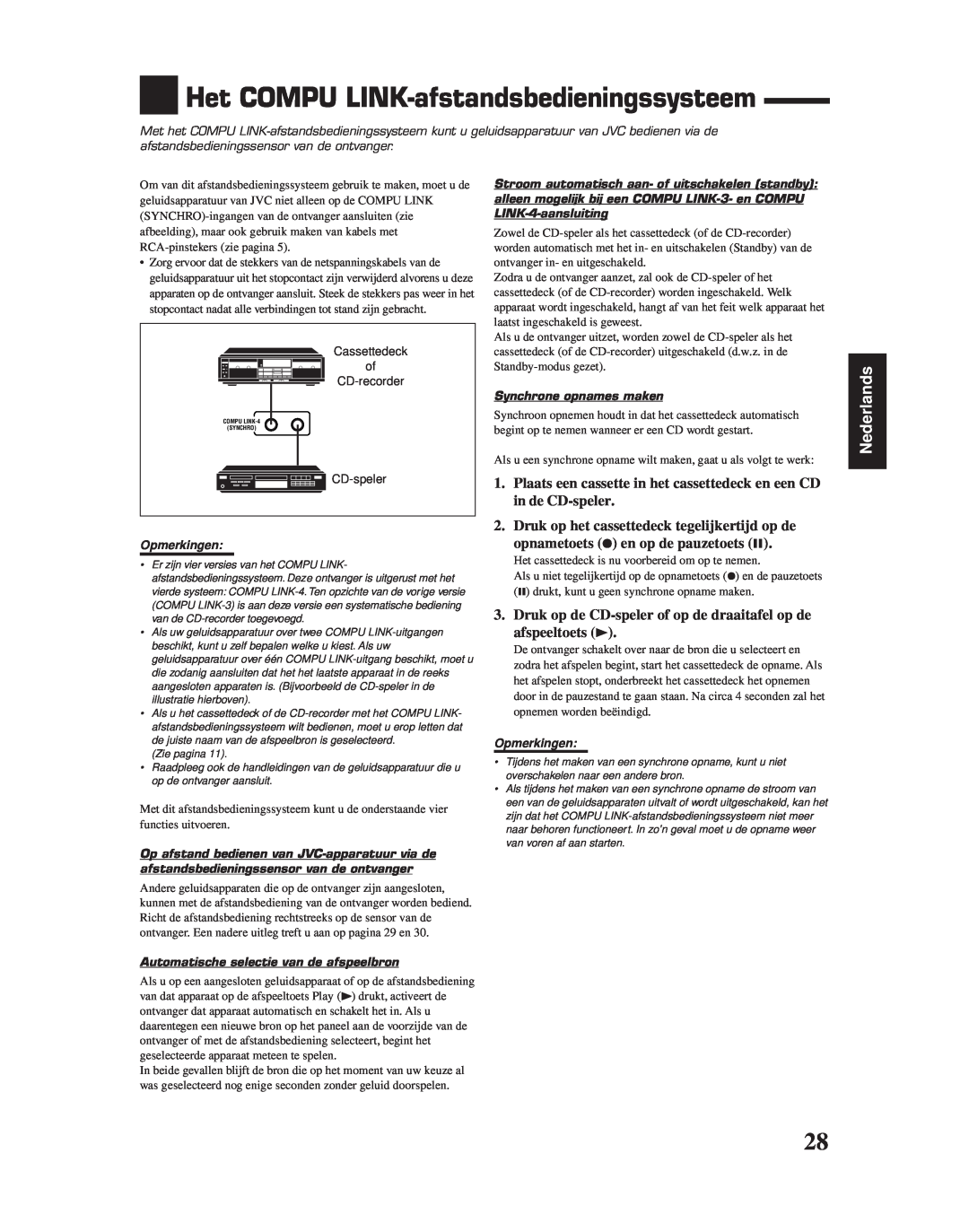 JVC RX-6010RBK Het COMPU LINK-afstandsbedieningssysteem, Nederlands, Opmerkingen, Automatische selectie van de afspeelbron 