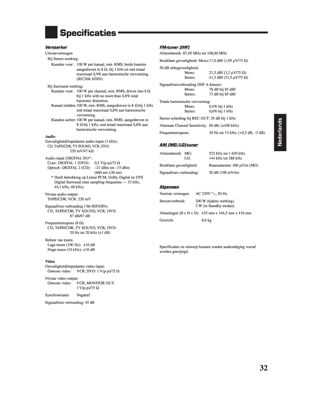 JVC RX-6010RBK manual Specificaties, Nederlands, Versterker, FM-tunerIHF, AM MG/LG-tuner, Algemeen 