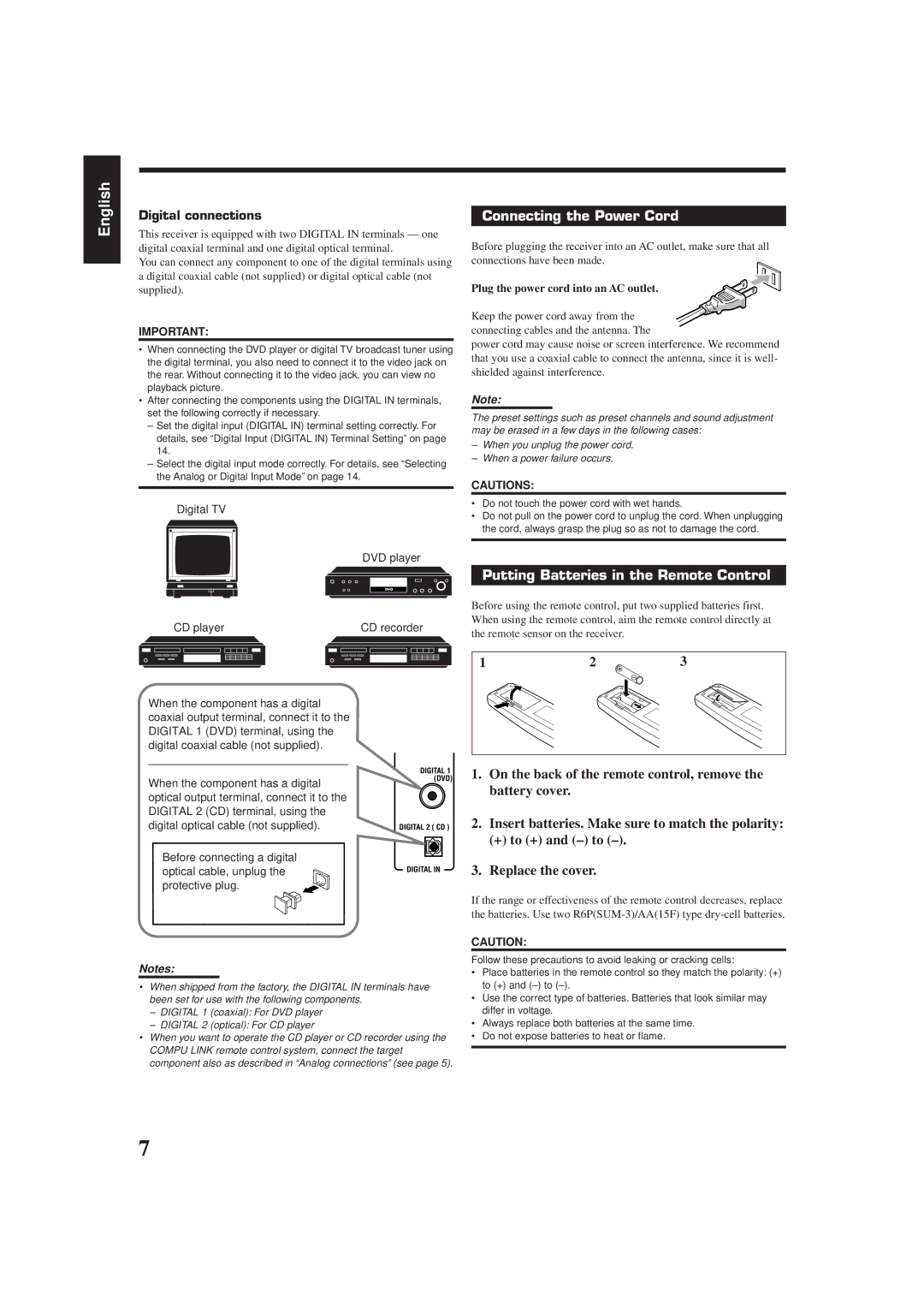 JVC RX-6010VBK manual Connecting the Power Cord, Putting Batteries in the Remote Control, Digital connections 