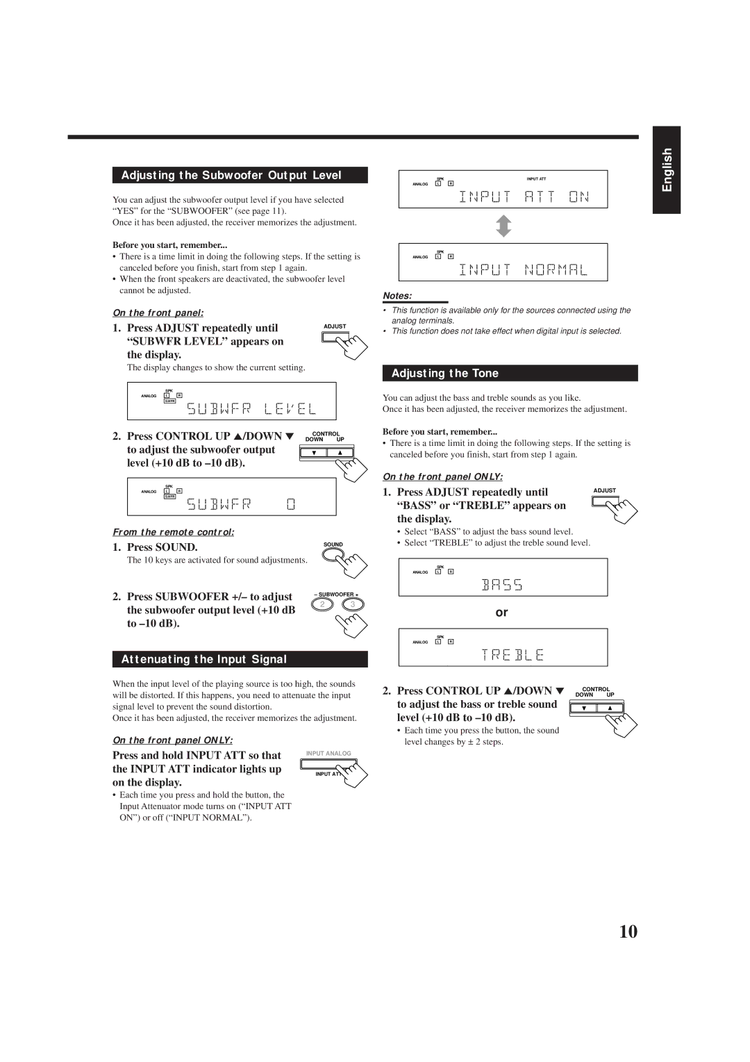 JVC RX-6010VBK manual Adjusting the Subwoofer Output Level, Adjusting the Tone, Attenuating the Input Signal 