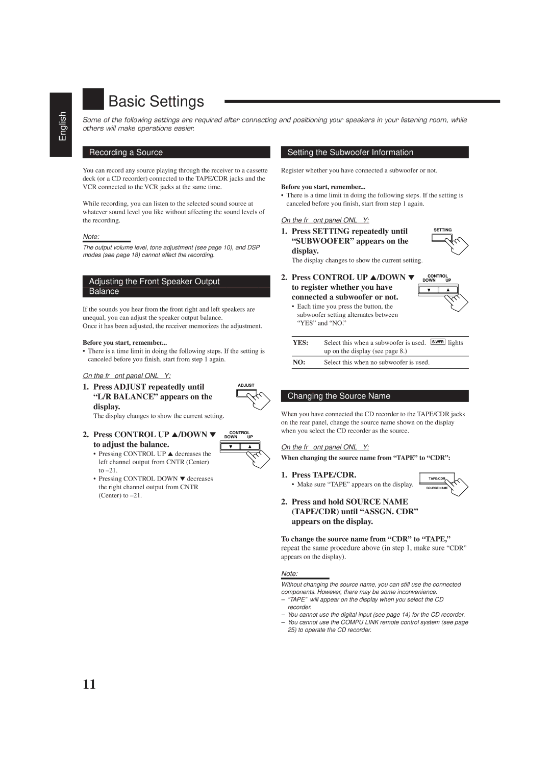 JVC RX-6010VBK manual Basic Settings, Recording a Source Setting the Subwoofer Information, Changing the Source Name 