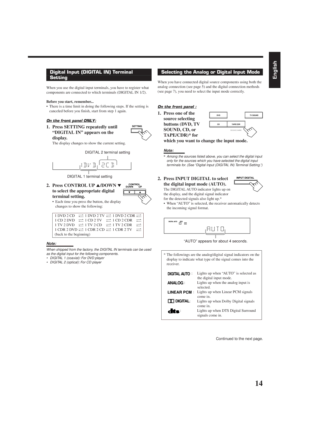 JVC RX-6010VBK manual Digital Input Digital in Terminal Setting, Selecting the Analog or Digital Input Mode 