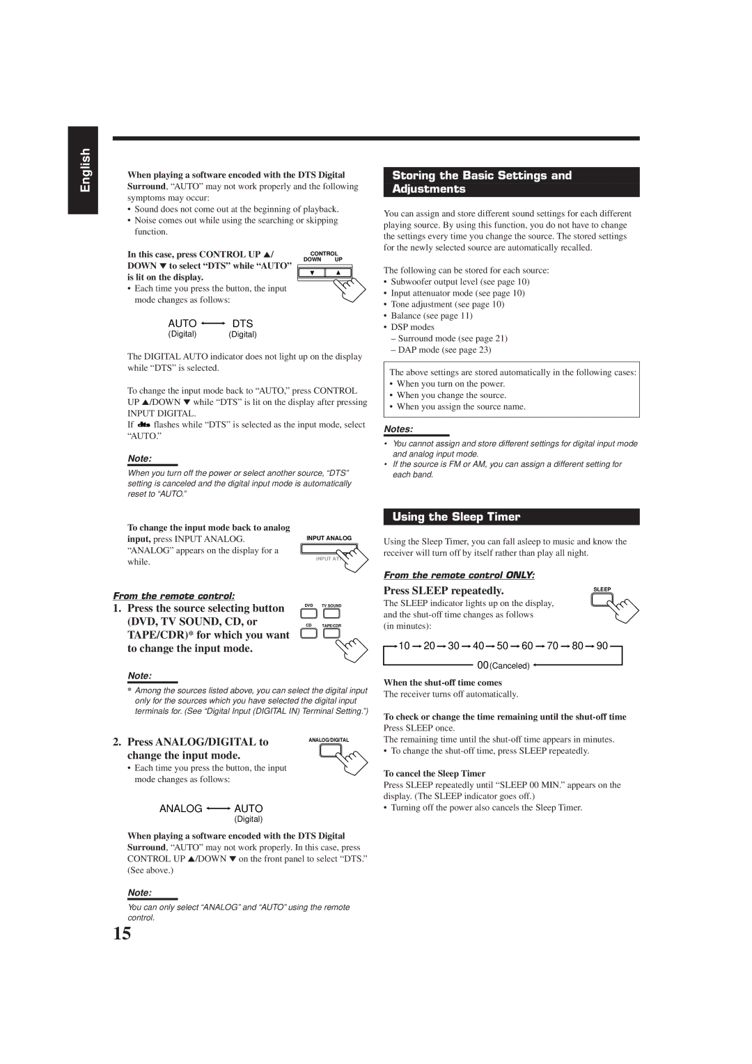 JVC RX-6010VBK manual Storing the Basic Settings Adjustments, Using the Sleep Timer, Press Sleep repeatedly 