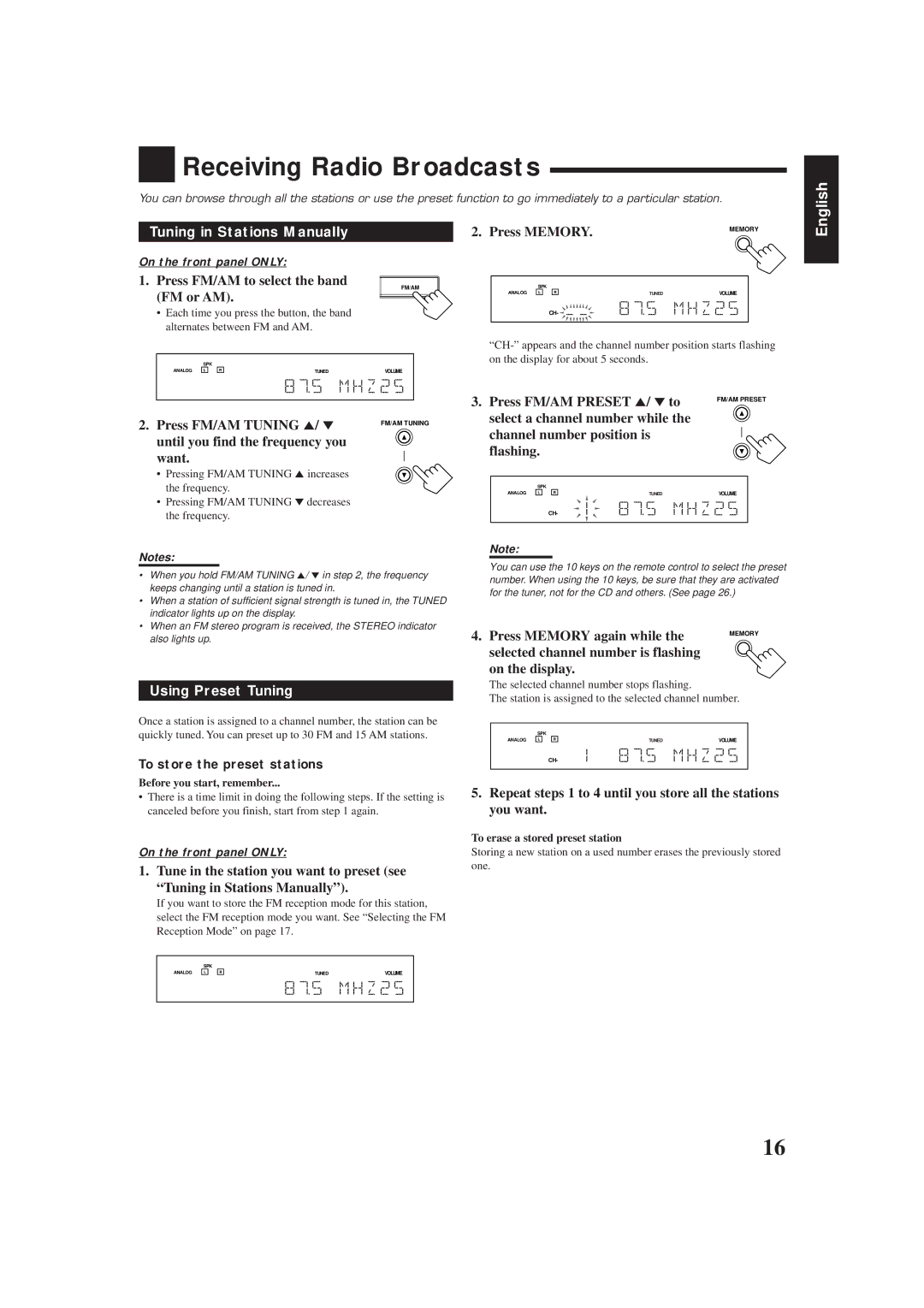 JVC RX-6010VBK manual Receiving Radio Broadcasts, Tuning in Stations Manually, Using Preset Tuning 