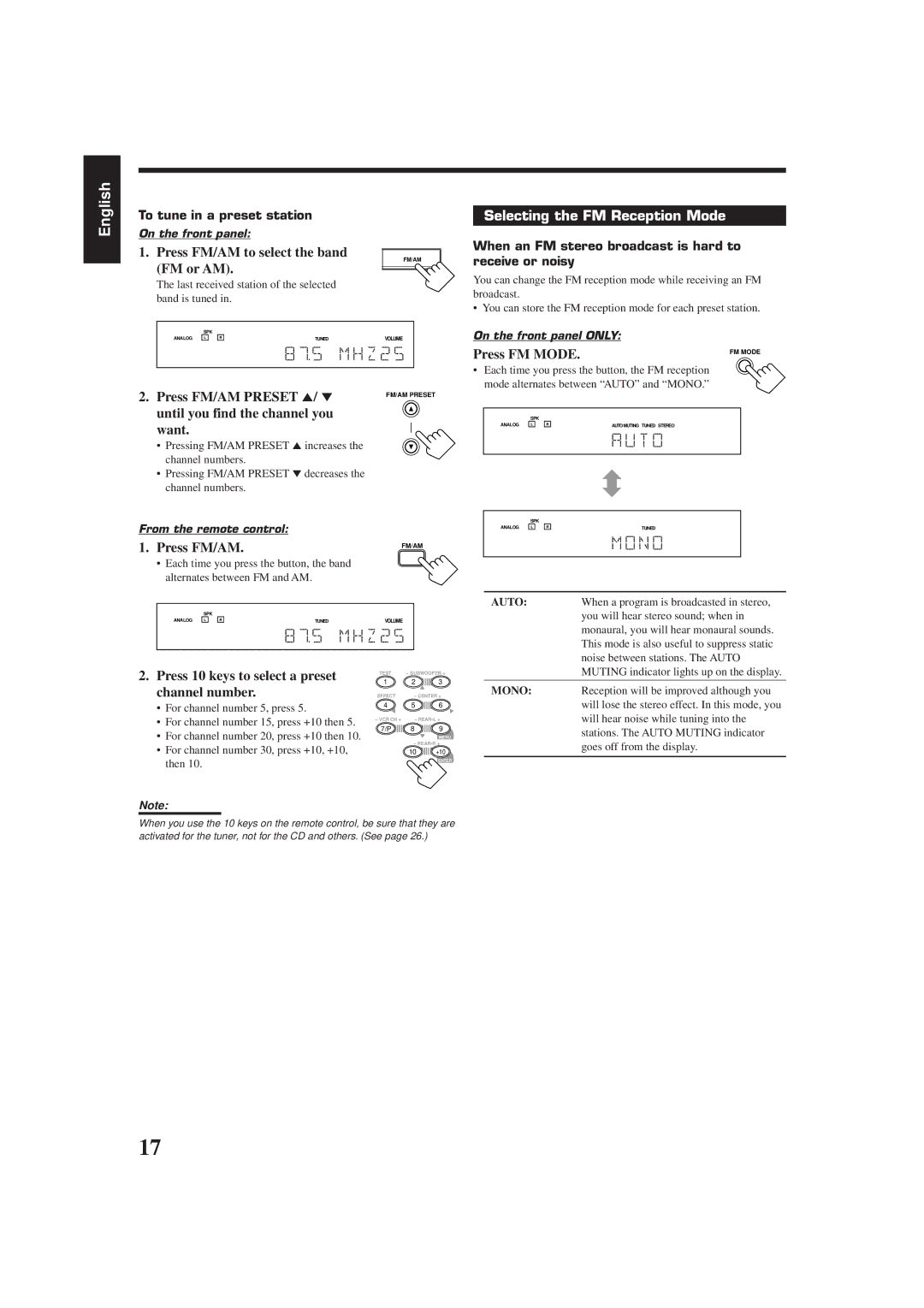 JVC RX-6010VBK manual Selecting the FM Reception Mode 