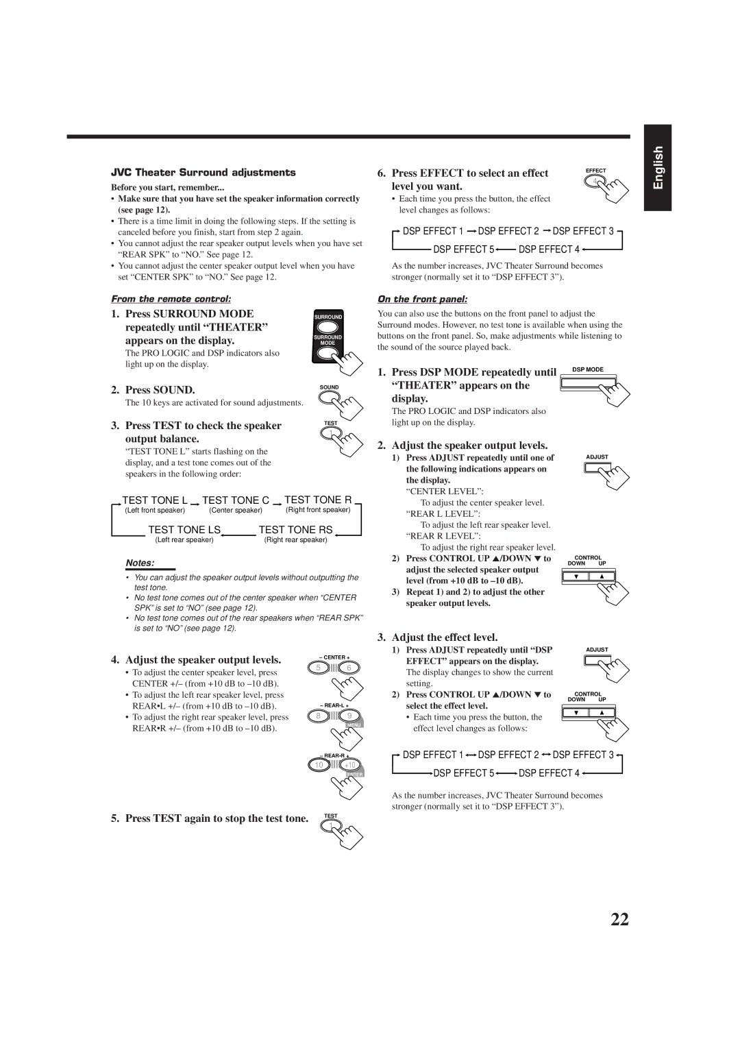 JVC RX-6010VBK manual Level you want, Adjust the effect level, JVC Theater Surround adjustments 