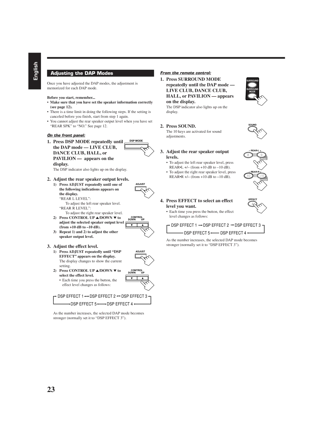 JVC RX-6010VBK Adjusting the DAP Modes, Press DSP Mode repeatedly until, Adjust the rear speaker output levels Press Sound 